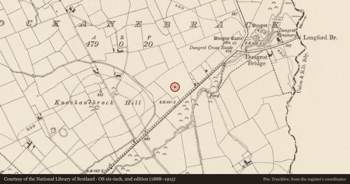 Ordnance Survey six-inch map, 2nd edition (1888–1915) covering the location of Enclosure, Knockanebrack, County Limerick, with a pin at the register's coordinates
