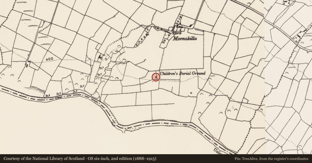 Ordnance Survey six-inch map, 2nd edition (1888–1915) covering the location of Children's burial ground, Caher (Connell), County Limerick, with a pin at the register's coordinates