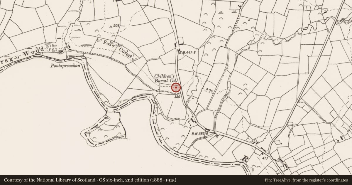Ordnance Survey six-inch map, 2nd edition (1888–1915) covering the location of Children's burial ground, Crag, County Limerick, with a pin at the register's coordinates