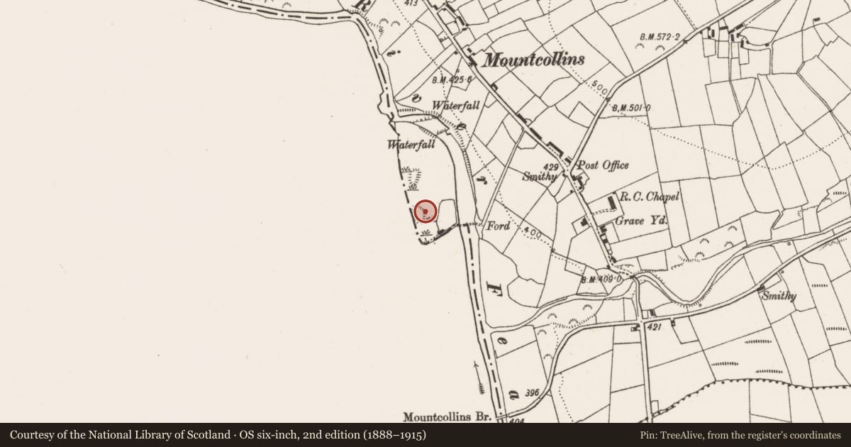 Ordnance Survey six-inch map, 2nd edition (1888–1915) covering the location of Fulacht fia, Mountcollins, County Limerick, with a pin at the register's coordinates