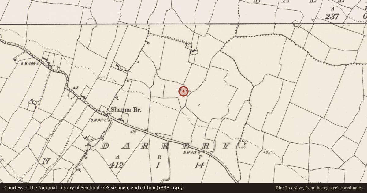 Ordnance Survey six-inch map, 2nd edition (1888–1915) covering the location of Ringfort - rath, Darrery, County Limerick, with a pin at the register's coordinates