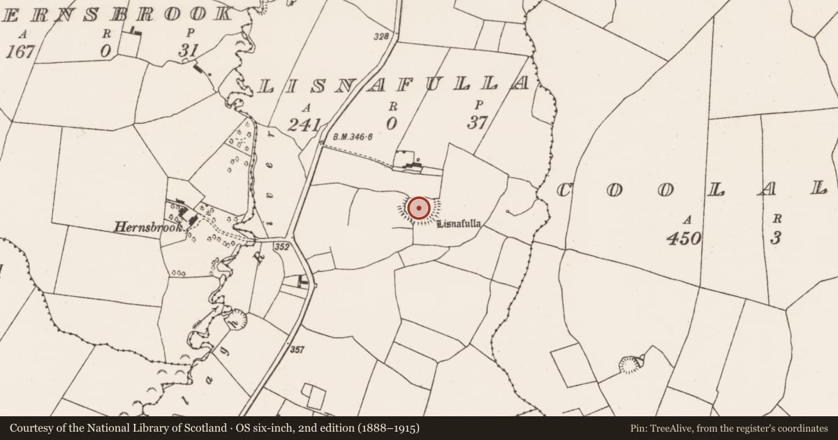 Ordnance Survey six-inch map, 2nd edition (1888–1915) covering the location of Ringfort - rath, Lisnafulla, County Limerick, with a pin at the register's coordinates