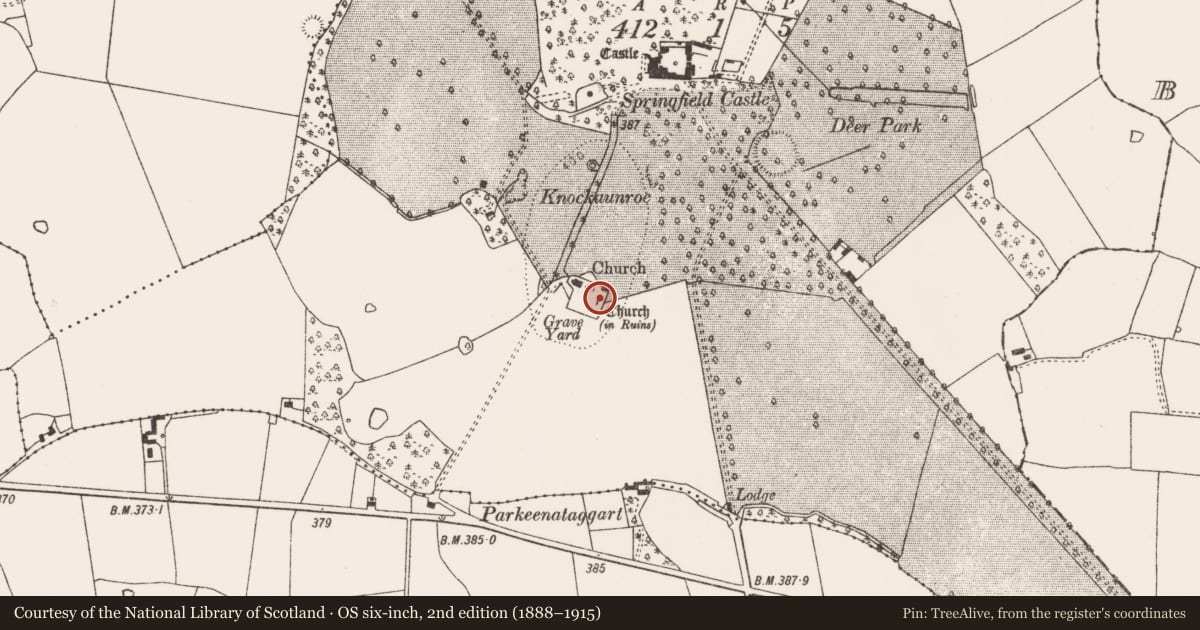 Ordnance Survey six-inch map, 2nd edition (1888–1915) covering the location of Church, Springfield, County Limerick, with a pin at the register's coordinates