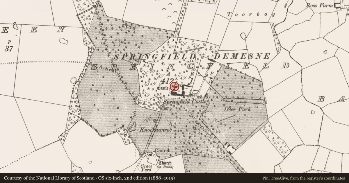 Ordnance Survey six-inch map, 2nd edition (1888–1915) covering the location of Bawn, Springfield, County Limerick, with a pin at the register's coordinates