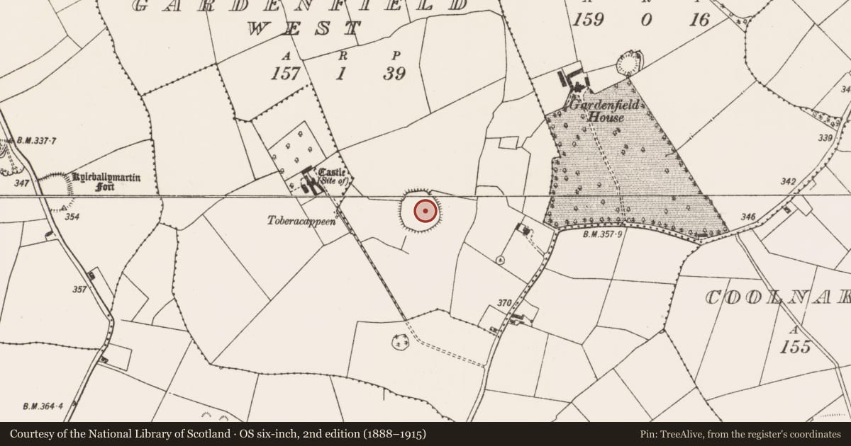 Ordnance Survey six-inch map, 2nd edition (1888–1915) covering the location of Enclosure, Gardenfield West, County Limerick, with a pin at the register's coordinates