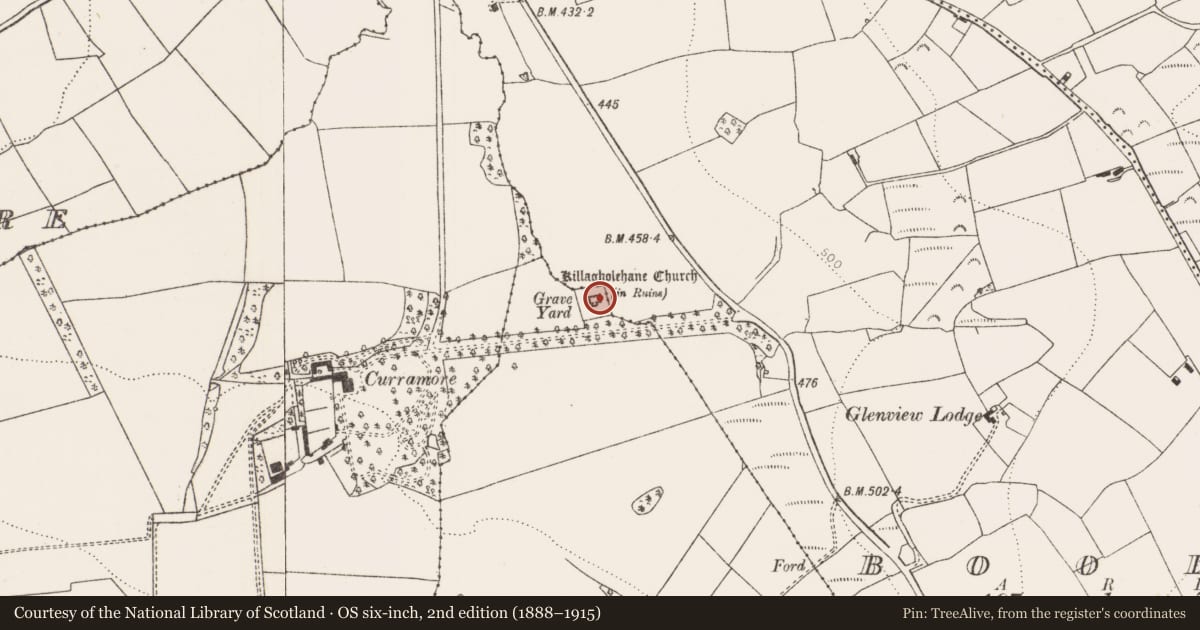 Ordnance Survey six-inch map, 2nd edition (1888–1915) covering the location of Graveyard, Lacka Lower, County Limerick, with a pin at the register's coordinates