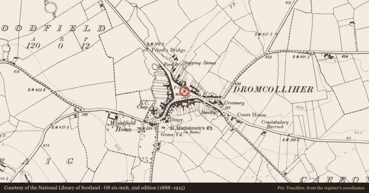 Ordnance Survey six-inch map, 2nd edition (1888–1915) covering the location of Settlement cluster, Coolaboy, County Limerick, with a pin at the register's coordinates