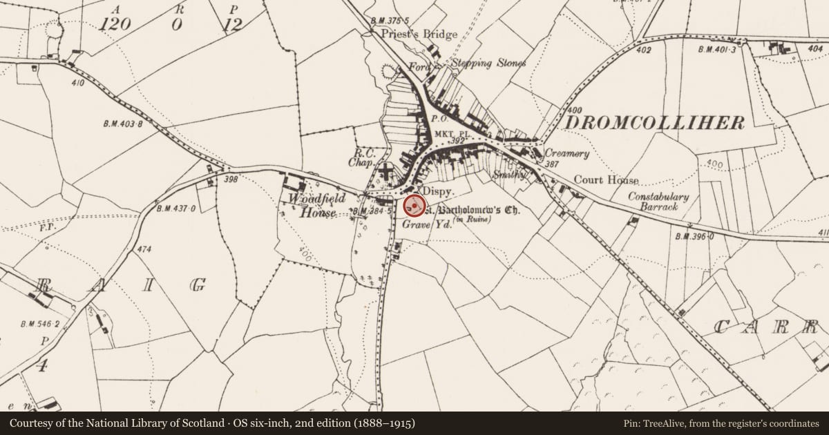 Ordnance Survey six-inch map, 2nd edition (1888–1915) covering the location of Church, Carroward West, County Limerick, with a pin at the register's coordinates