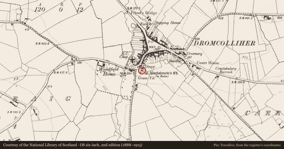 Ordnance Survey six-inch map, 2nd edition (1888–1915) covering the location of Graveyard, Carroward West, County Limerick, with a pin at the register's coordinates