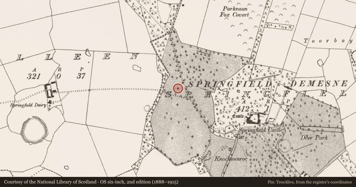 Ordnance Survey six-inch map, 2nd edition (1888–1915) covering the location of Barrow - ring-barrow, Springfield, County Limerick, with a pin at the register's coordinates