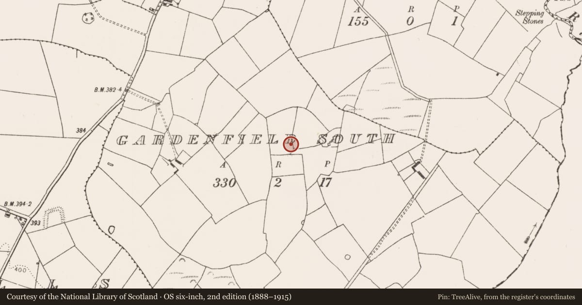 Ordnance Survey six-inch map, 2nd edition (1888–1915) covering the location of Enclosure, Gardenfield South, County Limerick, with a pin at the register's coordinates