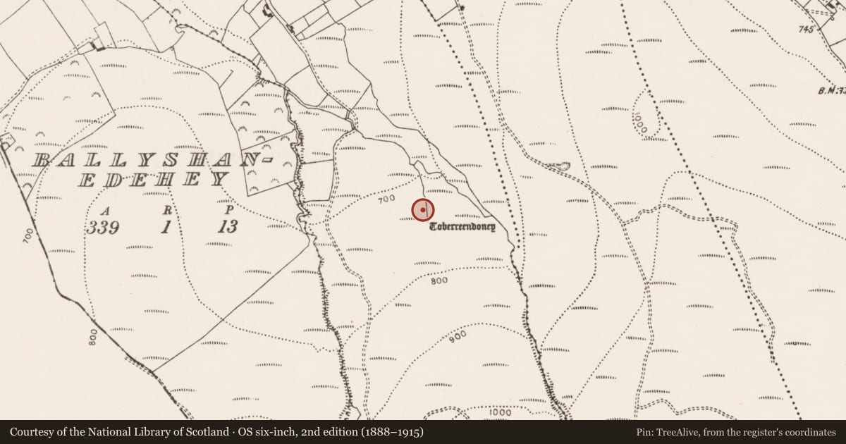 Ordnance Survey six-inch map, 2nd edition (1888–1915) covering the location of Ritual site - holy well, Ballymacshaneboy, County Limerick, with a pin at the register's coordinates