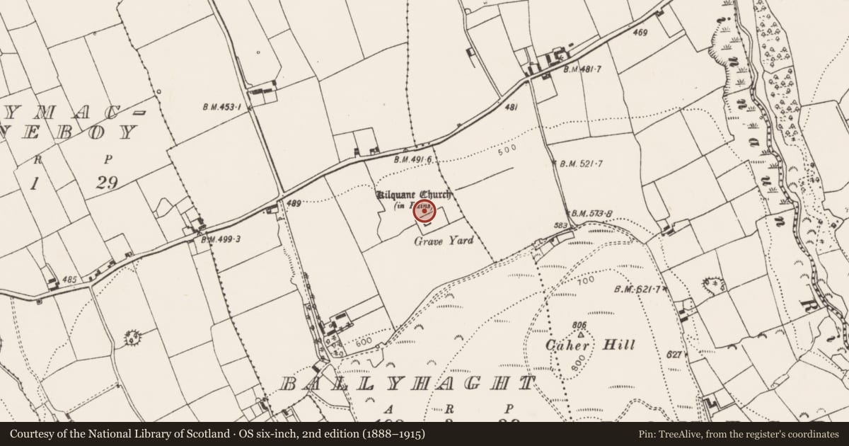 Ordnance Survey six-inch map, 2nd edition (1888–1915) covering the location of Church, Ballyhaght, County Limerick, with a pin at the register's coordinates