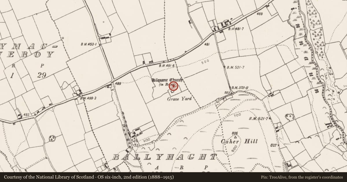 Ordnance Survey six-inch map, 2nd edition (1888–1915) covering the location of Graveyard, Ballyhaght, County Limerick, with a pin at the register's coordinates