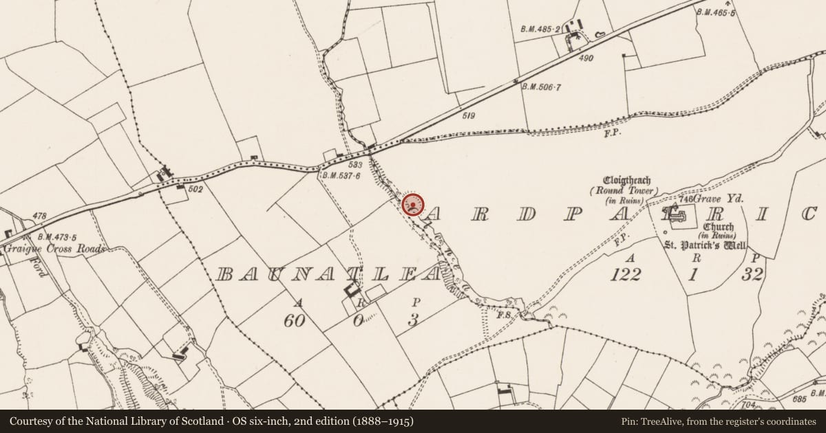 Ordnance Survey six-inch map, 2nd edition (1888–1915) covering the location of Enclosure, Ardpatrick, County Limerick, with a pin at the register's coordinates