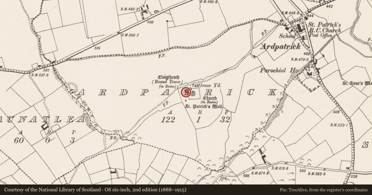 Ordnance Survey six-inch map, 2nd edition (1888–1915) covering the location of Round tower, Ardpatrick, County Limerick, with a pin at the register's coordinates
