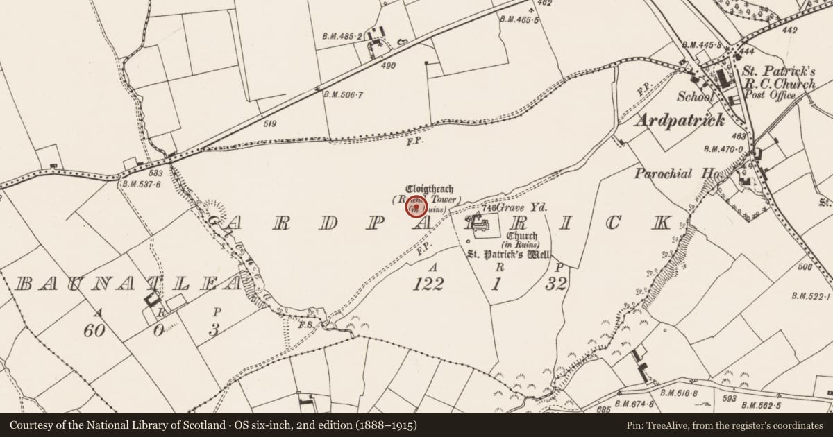 Ordnance Survey six-inch map, 2nd edition (1888–1915) covering the location of Settlement cluster, Ardpatrick, County Limerick, with a pin at the register's coordinates