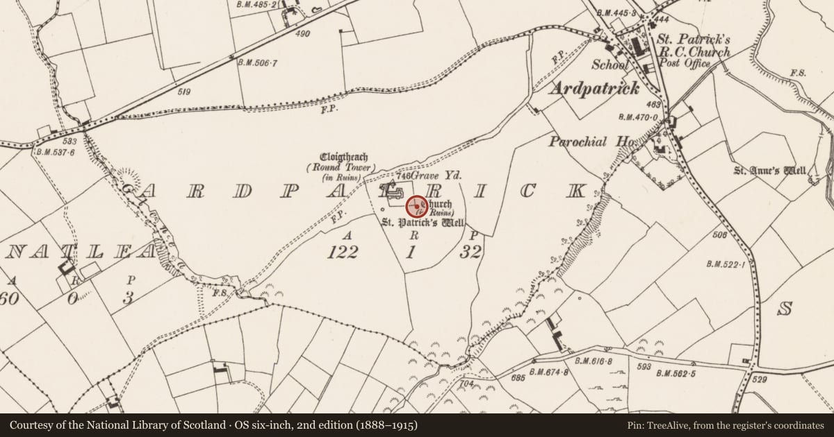Ordnance Survey six-inch map, 2nd edition (1888–1915) covering the location of Ecclesiastical enclosure, Ardpatrick, County Limerick, with a pin at the register's coordinates