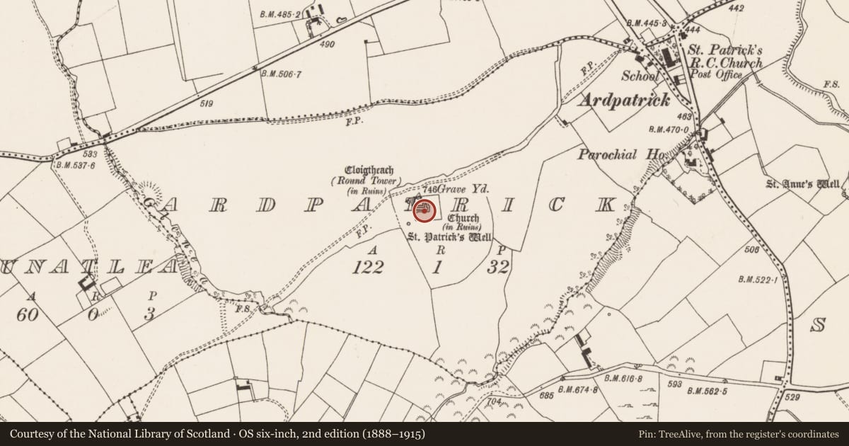 Ordnance Survey six-inch map, 2nd edition (1888–1915) covering the location of Church, Ardpatrick, County Limerick, with a pin at the register's coordinates