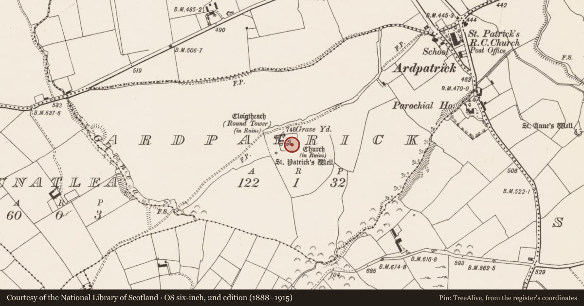 Ordnance Survey six-inch map, 2nd edition (1888–1915) covering the location of Graveyard, Ardpatrick, County Limerick, with a pin at the register's coordinates