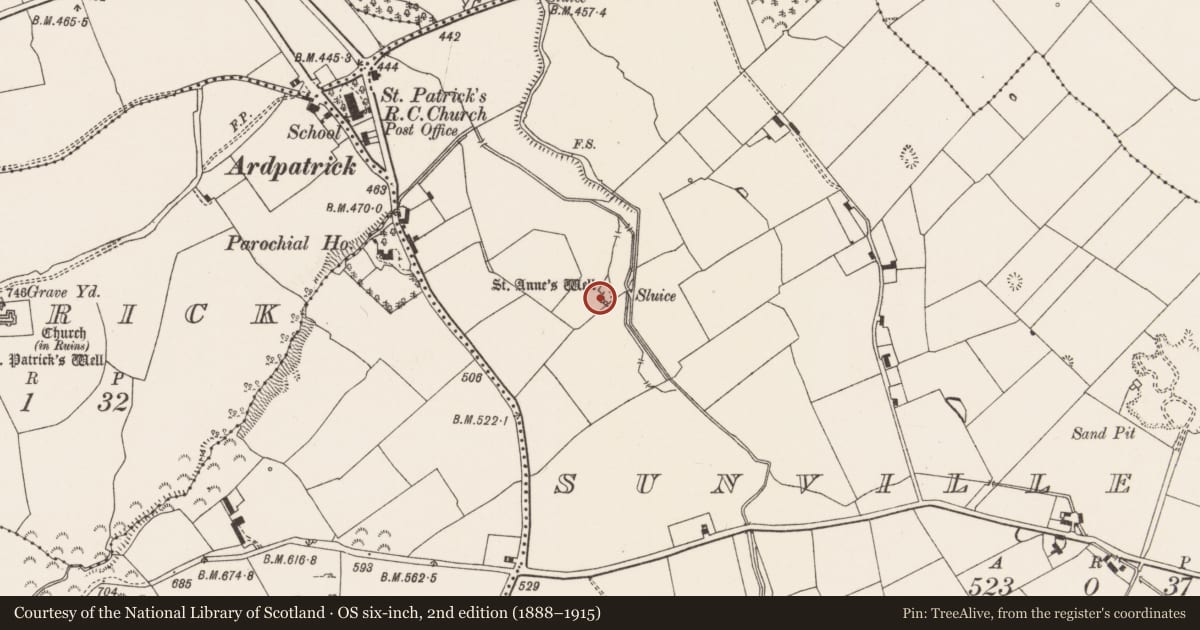 Ordnance Survey six-inch map, 2nd edition (1888–1915) covering the location of Ritual site - holy well, Sunville Upper, County Limerick, with a pin at the register's coordinates
