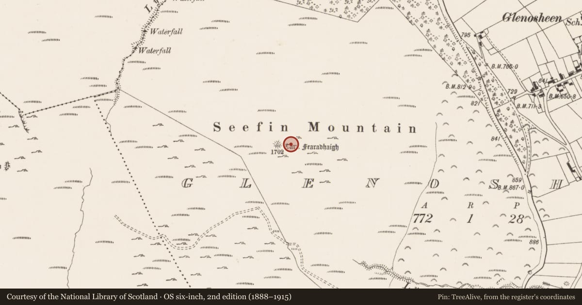 Ordnance Survey six-inch map, 2nd edition (1888–1915) covering the location of Cist, Glenosheen, County Limerick, with a pin at the register's coordinates