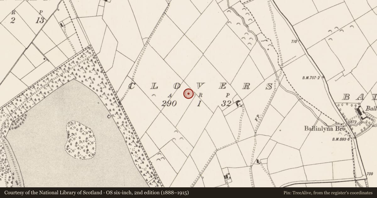 Ordnance Survey six-inch map, 2nd edition (1888–1915) covering the location of Earthwork, Clovers, County Limerick, with a pin at the register's coordinates
