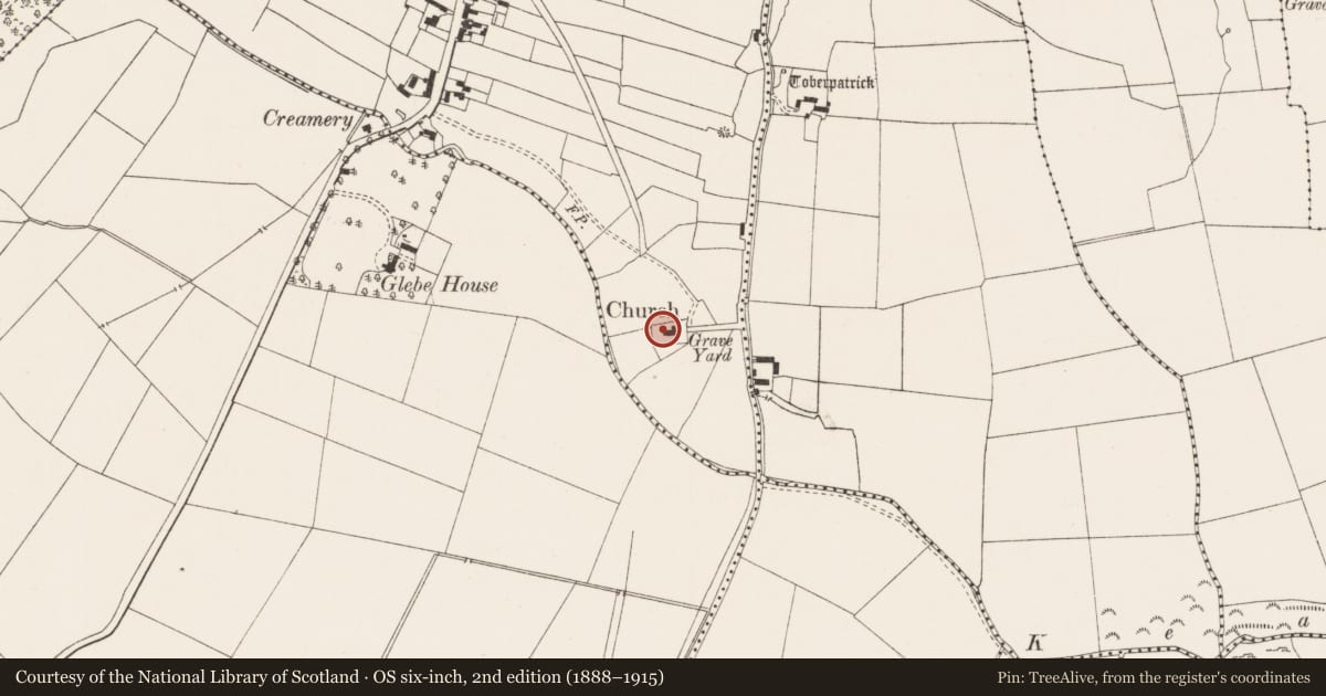 Ordnance Survey six-inch map, 2nd edition (1888–1915) covering the location of Graveyard, Ballyorgan, County Limerick, with a pin at the register's coordinates
