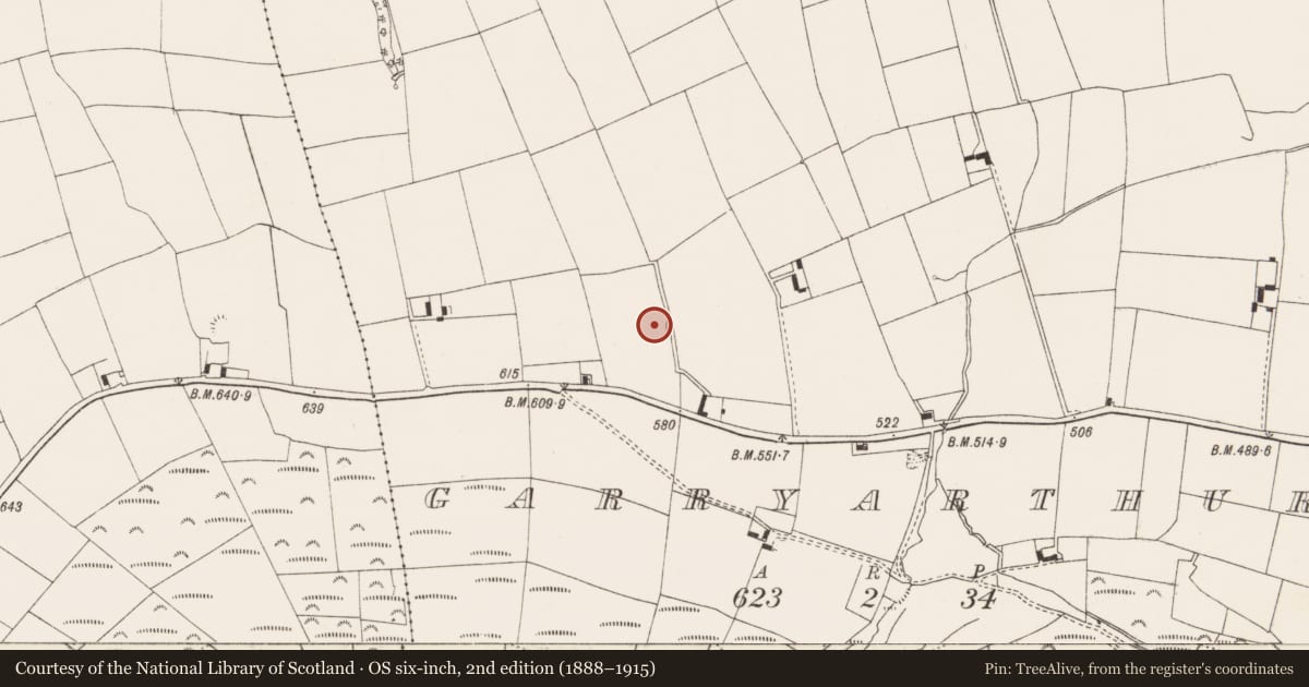 Ordnance Survey six-inch map, 2nd edition (1888–1915) covering the location of Earthwork, Garryarthur, County Limerick, with a pin at the register's coordinates