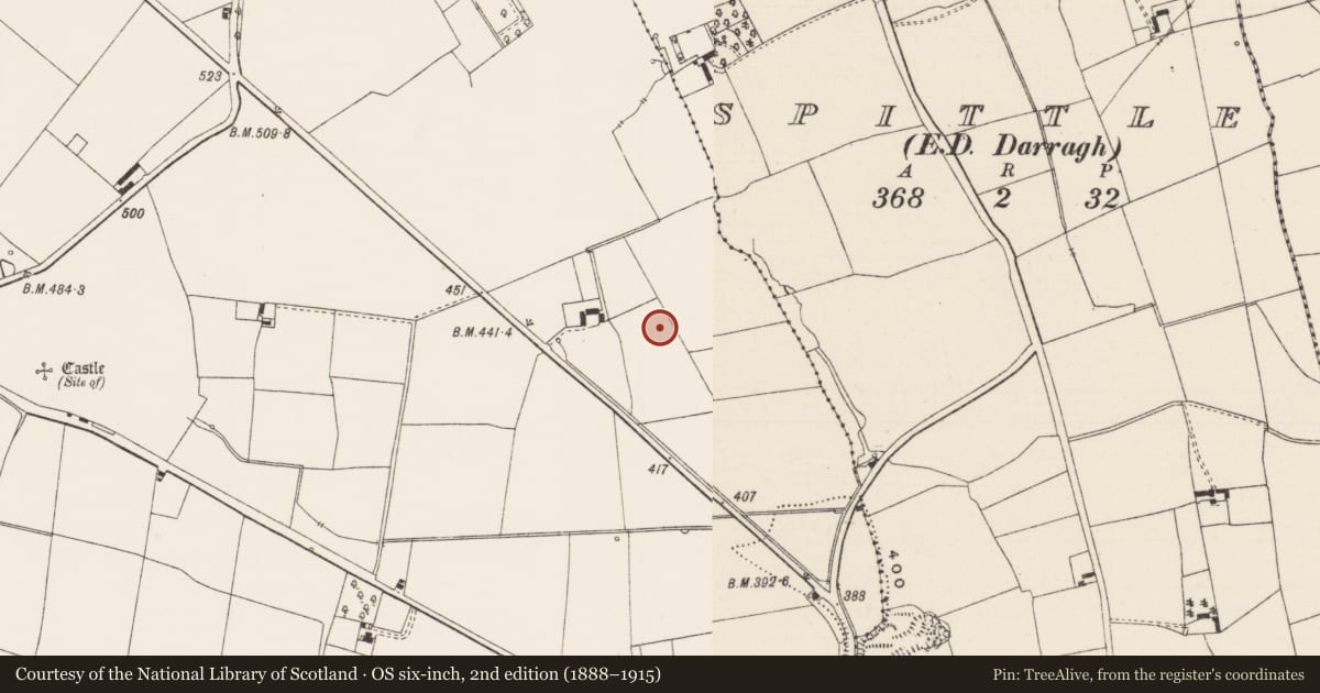 Ordnance Survey six-inch map, 2nd edition (1888–1915) covering the location of Fulacht fia, Ballynacourty, County Limerick, with a pin at the register's coordinates