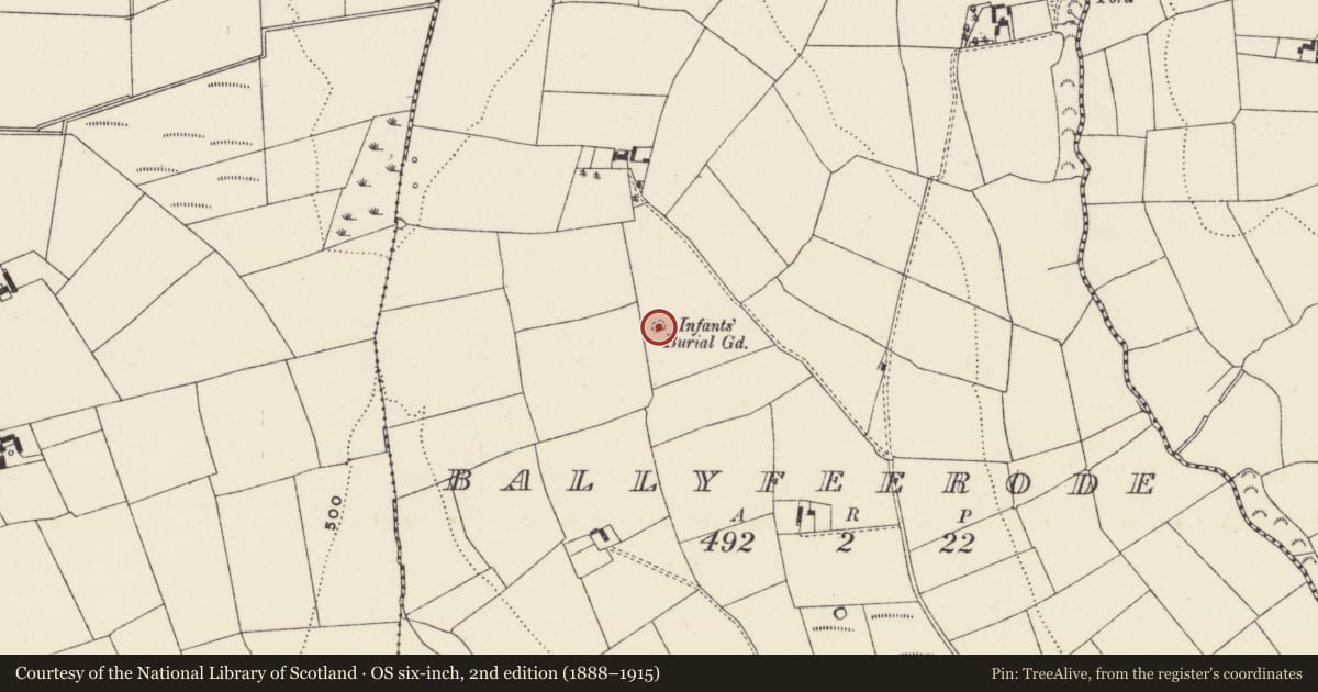 Ordnance Survey six-inch map, 2nd edition (1888–1915) covering the location of Children's burial ground, Ballyfeerode, County Limerick, with a pin at the register's coordinates