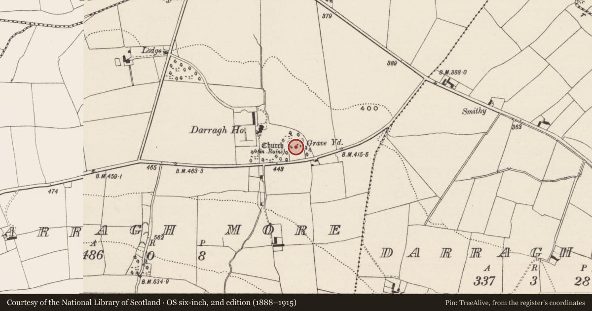 Ordnance Survey six-inch map, 2nd edition (1888–1915) covering the location of Church, Darragh More, County Limerick, with a pin at the register's coordinates
