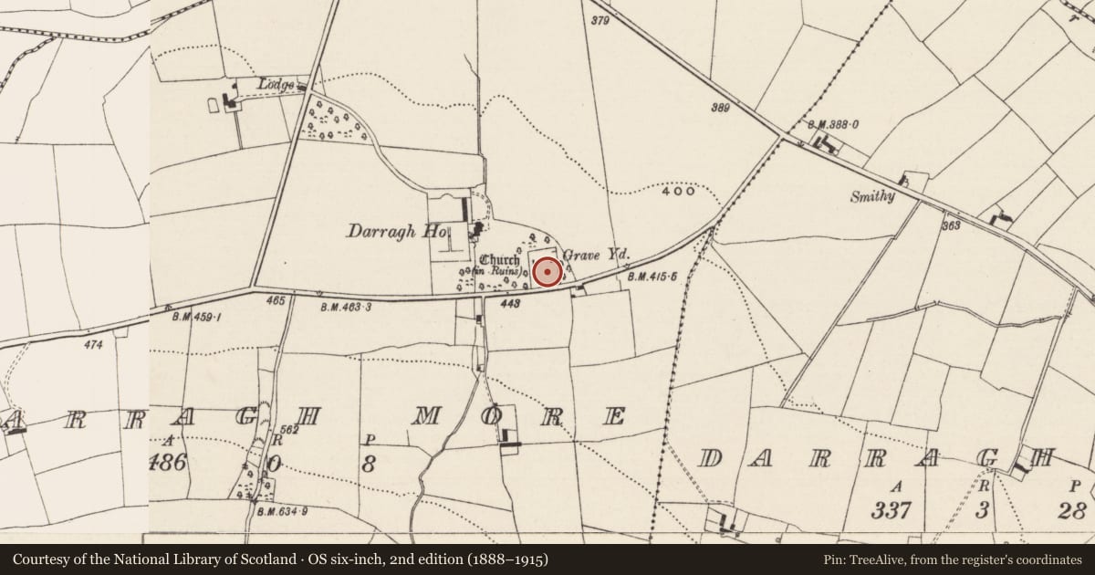 Ordnance Survey six-inch map, 2nd edition (1888–1915) covering the location of Graveyard, Darragh More, County Limerick, with a pin at the register's coordinates