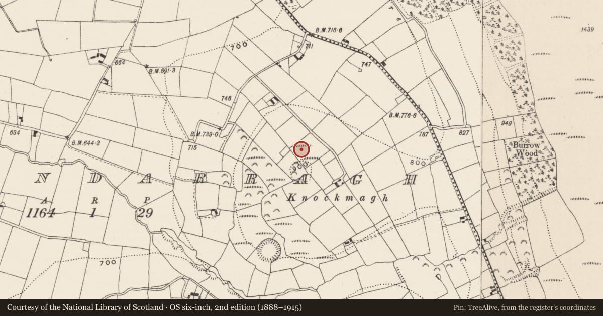 Ordnance Survey six-inch map, 2nd edition (1888–1915) covering the location of Enclosure, Lackendarragh, County Limerick, with a pin at the register's coordinates