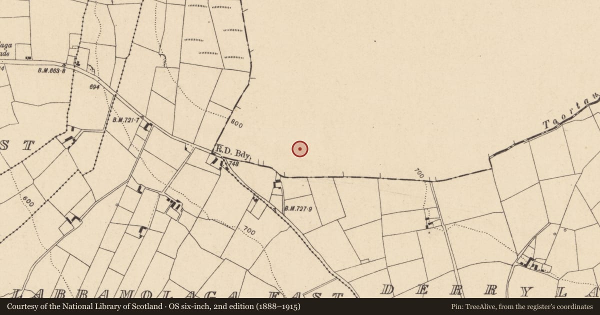 Ordnance Survey six-inch map, 2nd edition (1888–1915) covering the location of Urn burial, Knockadea, County Limerick, with a pin at the register's coordinates