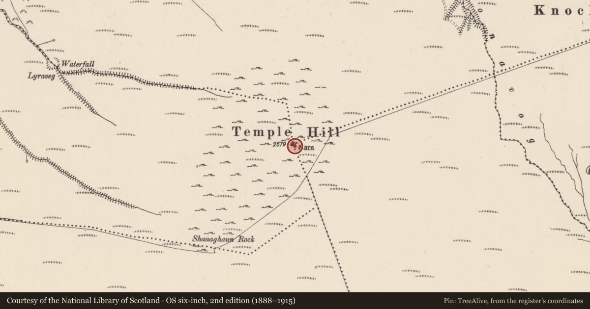 Ordnance Survey six-inch map, 2nd edition (1888–1915) covering the location of Hut site, Knocknascrow, County Limerick, with a pin at the register's coordinates