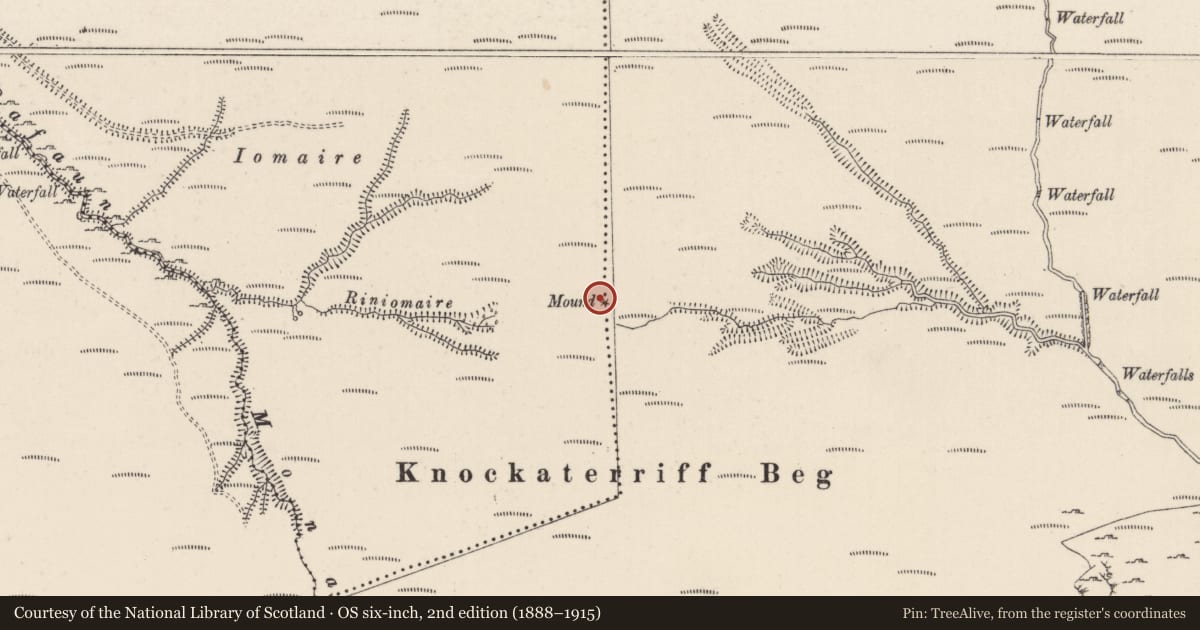 Ordnance Survey six-inch map, 2nd edition (1888–1915) covering the location of Cairn - boundary cairn, Ballynamuddagh, Carrigeen Mountain, County Limerick, with a pin at the register's coordinates