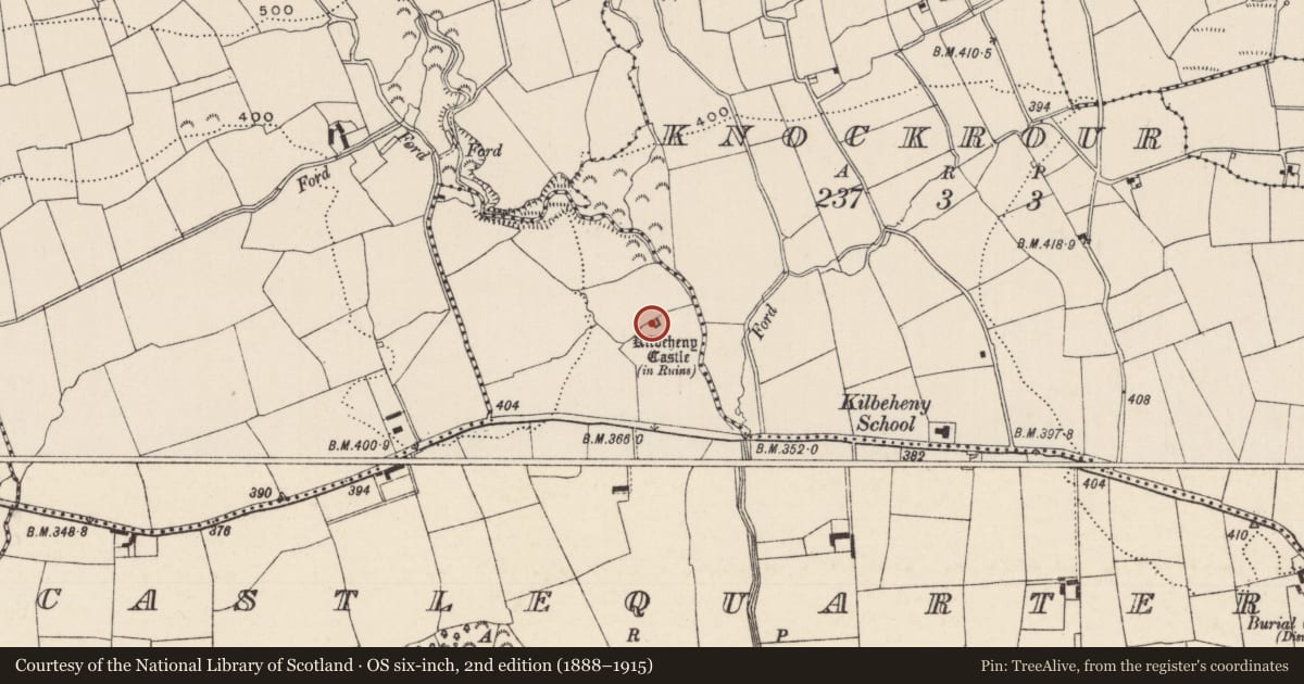 Ordnance Survey six-inch map, 2nd edition (1888–1915) covering the location of Castle - tower house, Castlequarter, County Limerick, with a pin at the register's coordinates