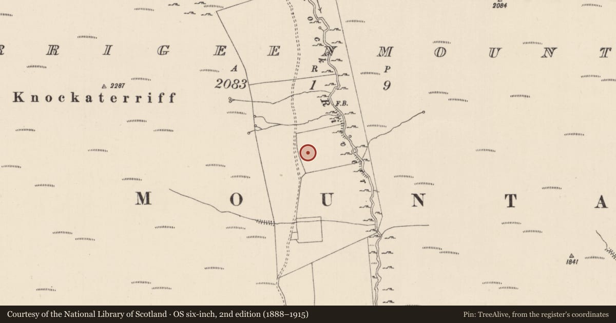 Ordnance Survey six-inch map, 2nd edition (1888–1915) covering the location of Hut site, Carrigeen Mountain, County Limerick, with a pin at the register's coordinates
