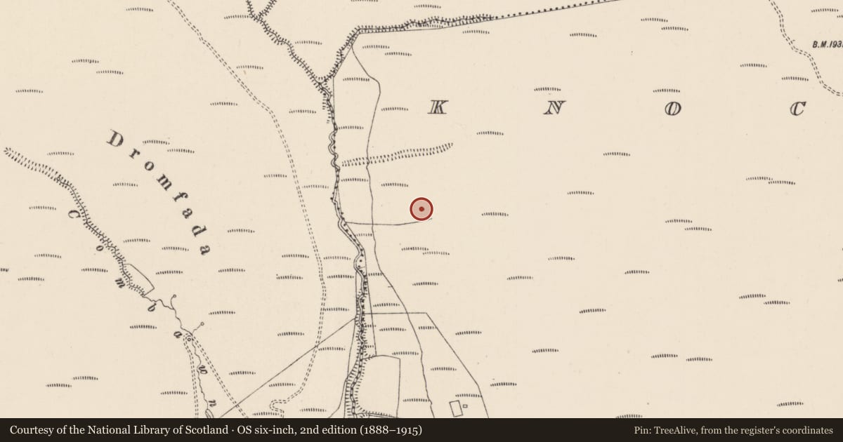 Ordnance Survey six-inch map, 2nd edition (1888–1915) covering the location of Hut site, Knocknascrow, County Limerick, with a pin at the register's coordinates