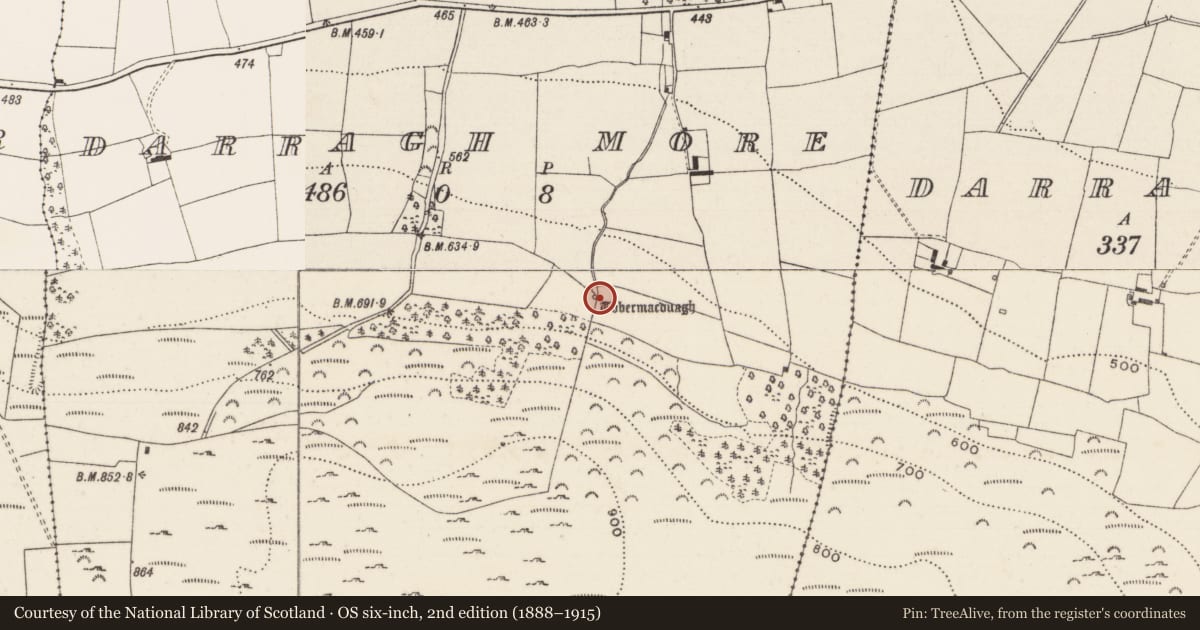 Ordnance Survey six-inch map, 2nd edition (1888–1915) covering the location of Ritual site - holy well, Darragh More, County Limerick, with a pin at the register's coordinates