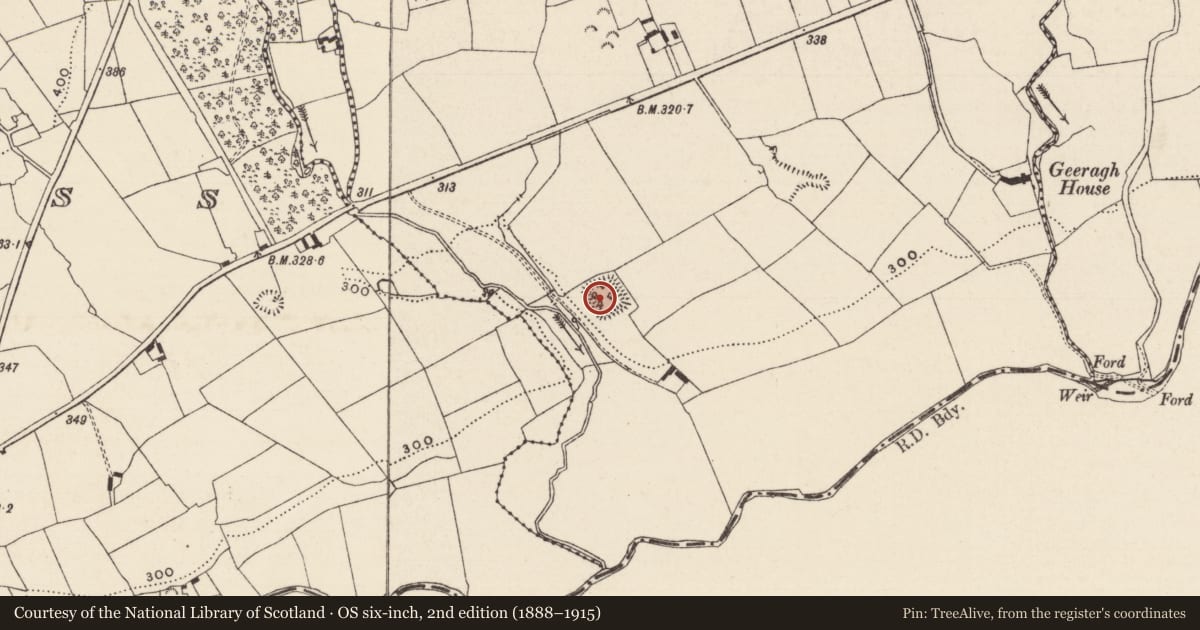 Ordnance Survey six-inch map, 2nd edition (1888–1915) covering the location of Moated site, Geeragh, County Limerick, with a pin at the register's coordinates