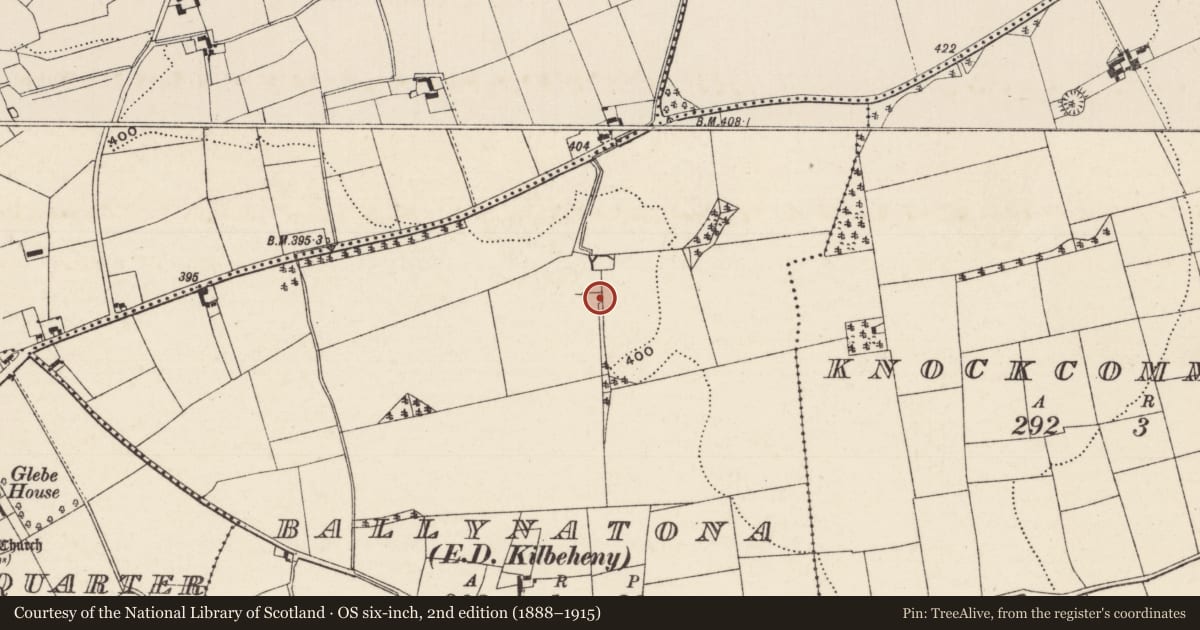Ordnance Survey six-inch map, 2nd edition (1888–1915) covering the location of Earthwork, Ballynatona, County Limerick, with a pin at the register's coordinates