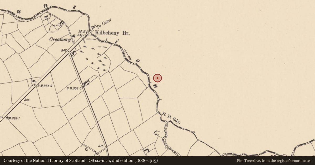 Ordnance Survey six-inch map, 2nd edition (1888–1915) covering the location of Burnt spread, Churchquarter, County Limerick, with a pin at the register's coordinates