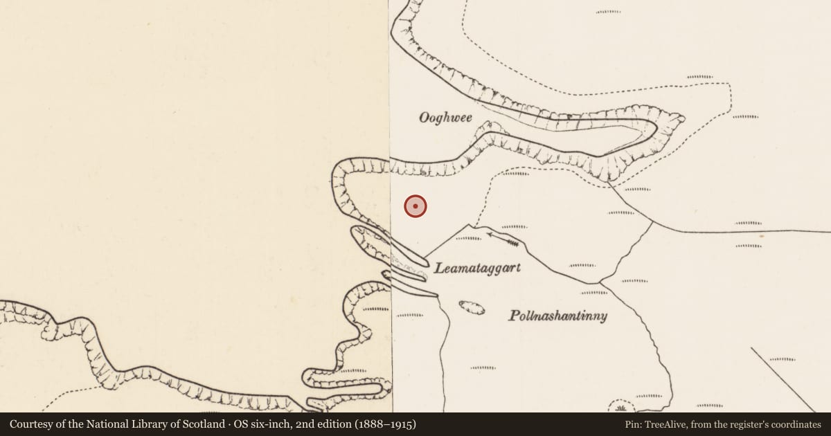 Ordnance Survey six-inch map, 2nd edition (1888–1915) covering the location of Promontory fort - coastal, Gleann Lára, County Mayo, with a pin at the register's coordinates