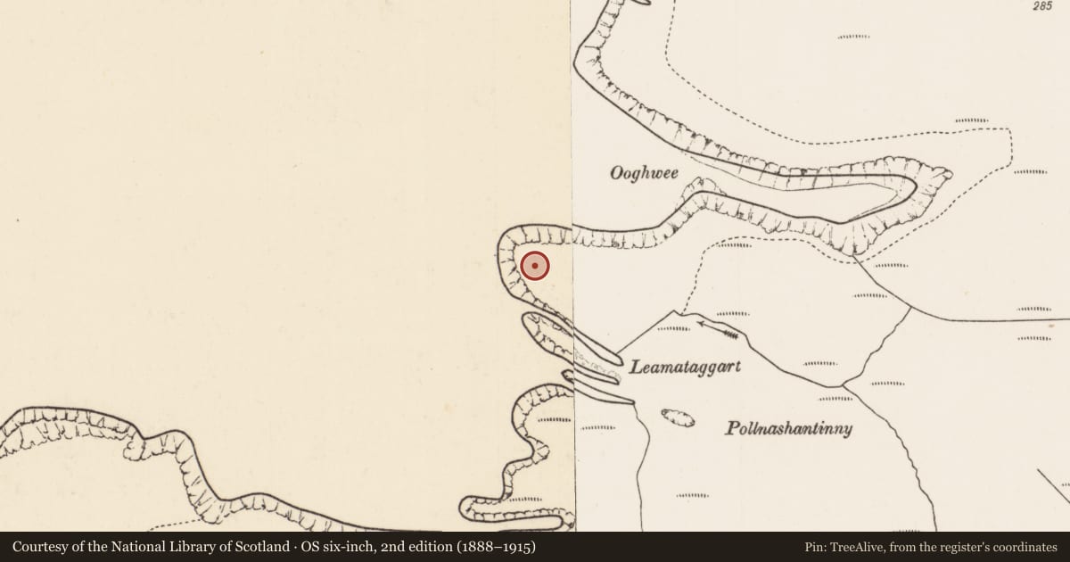 Ordnance Survey six-inch map, 2nd edition (1888–1915) covering the location of Hut site, Gleann Lára, County Mayo, with a pin at the register's coordinates