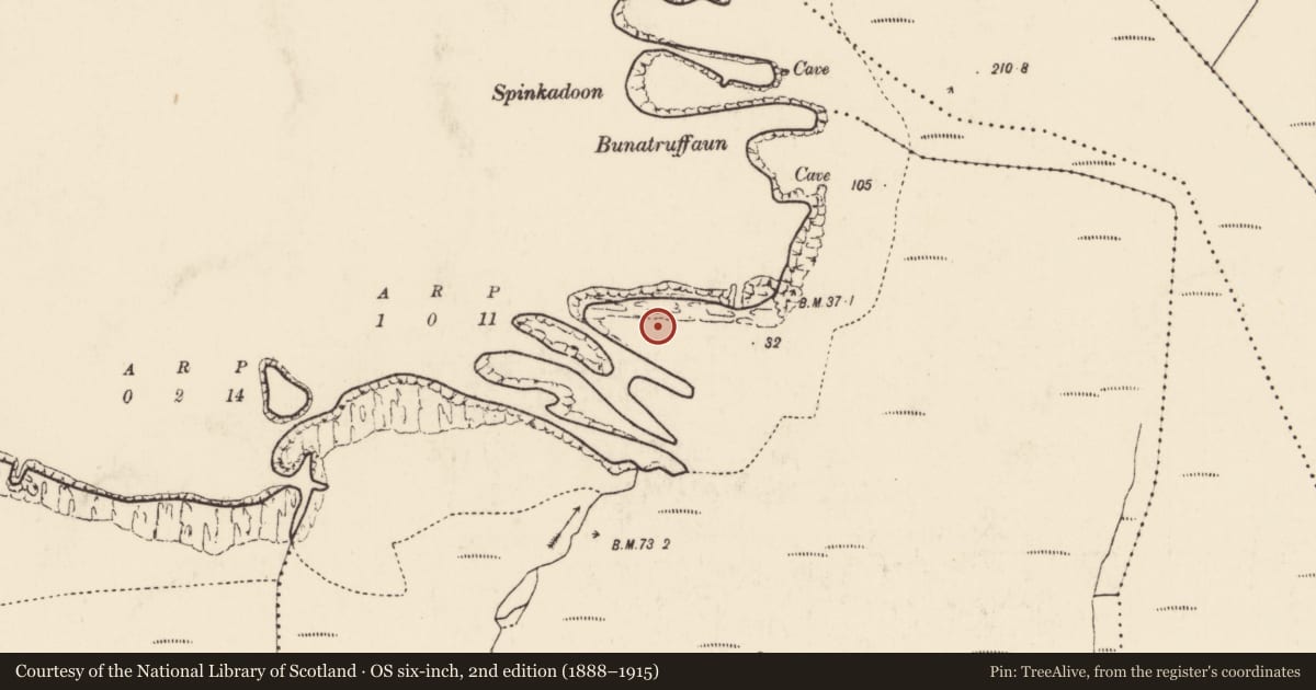 Ordnance Survey six-inch map, 2nd edition (1888–1915) covering the location of Hut site, Achadh Dúin, County Mayo, with a pin at the register's coordinates