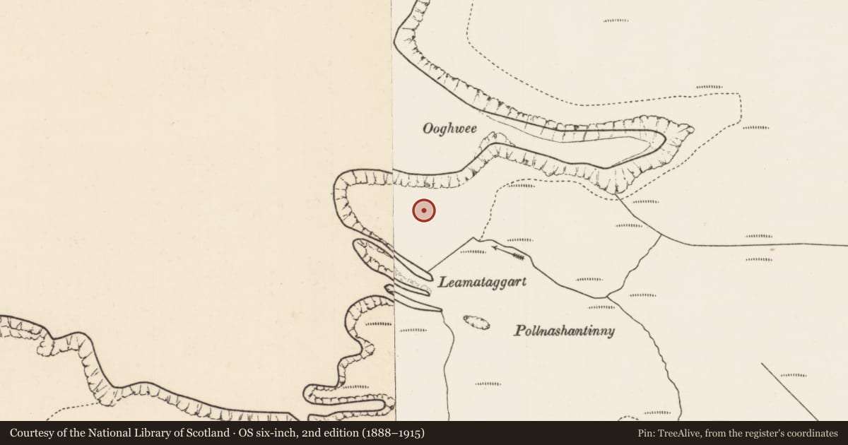 Ordnance Survey six-inch map, 2nd edition (1888–1915) covering the location of Hut site, Gleann Lára, County Mayo, with a pin at the register's coordinates
