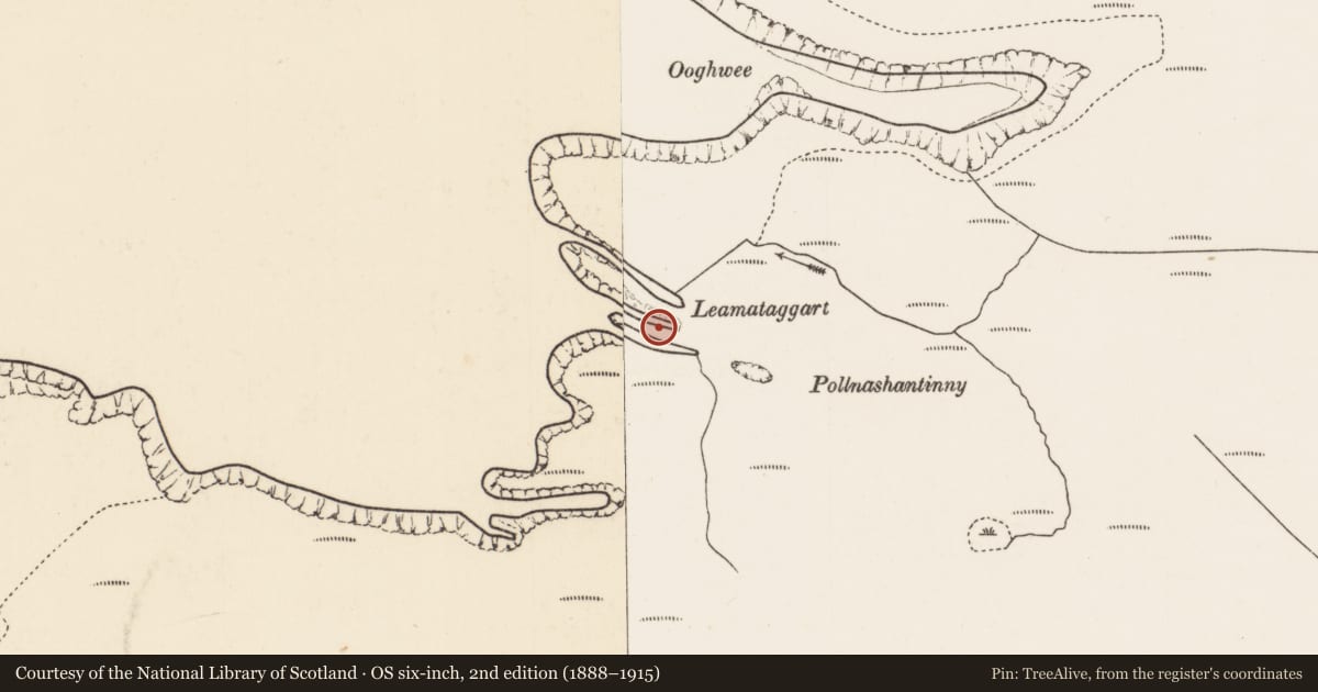 Ordnance Survey six-inch map, 2nd edition (1888–1915) covering the location of Promontory fort - coastal, Gleann Lára, County Mayo, with a pin at the register's coordinates