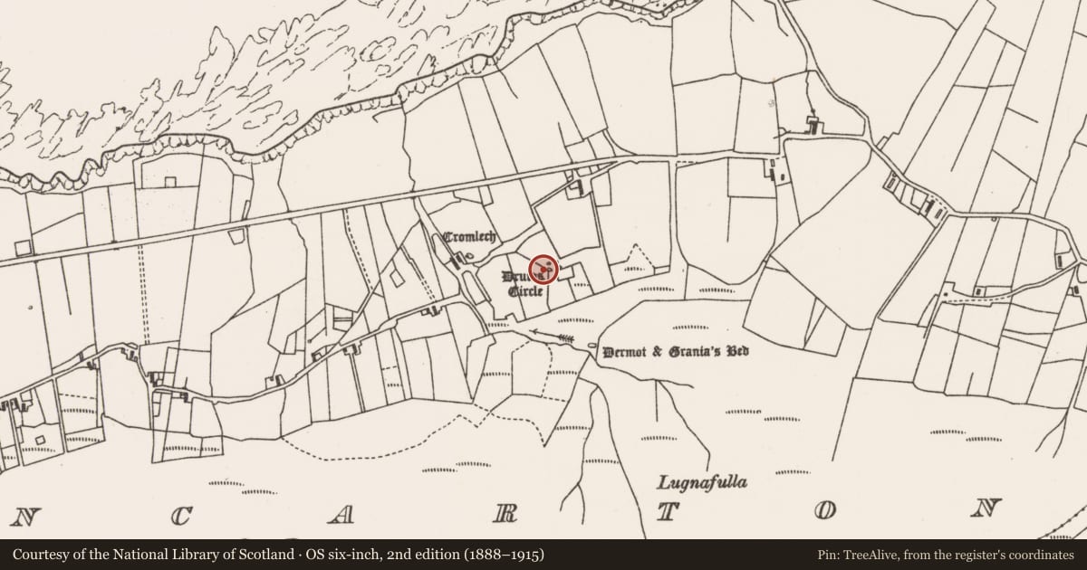 Ordnance Survey six-inch map, 2nd edition (1888–1915) covering the location of Stone circle, Dún Ceartáin Nó Gleann An Ghad, County Mayo, with a pin at the register's coordinates